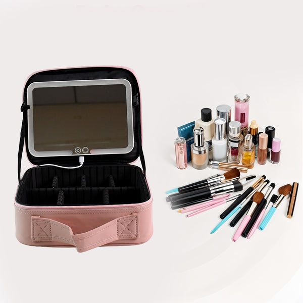 Premium LED Light Makeup Organizer Box – Portable Cosmetic Case with Touch Mirror